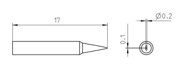 The image displays technical drawings of a narrow, pointed object with a length of 17 units. On the right side, there is a top view with a diameter of 0.2.