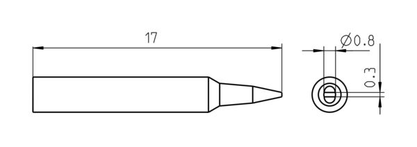 The image shows a technical drawing of a sharp metal object. It has a length of 17 mm and tapers to a point. The cross-sectional dimensions are Ø0.8 mm and Ø0.3 mm.