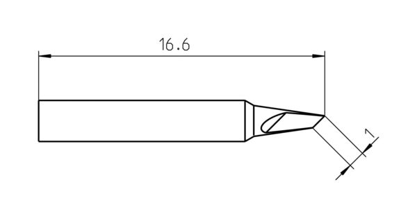 The image displays a technical drawing of a tool with a length of 16.6 units. The edge is angled and features an opening at the tip, which is slightly beveled.