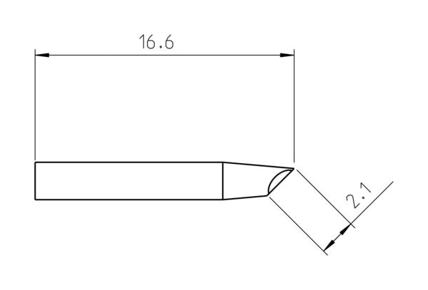 The image shows a technical drawing of an object with a length of 16.6 mm and an angle of inclination. At one end, there is a tapered edge measuring 2.1 mm.