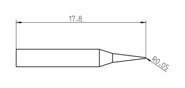 The image displays a technical drawing of an object measuring 17.8 mm in length with a sharp, rounded shape. The tip is slightly tilted and has a radius of 0.05 mm.