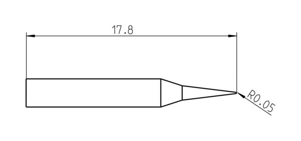 Das Bild zeigt eine technische Zeichnung eines länglichen Objekts mit einer Kante, die an einem Ende spitz zuläuft. Die Höhe ist mit 17,8 mm und eine Rundung mit R0,05 angegeben.