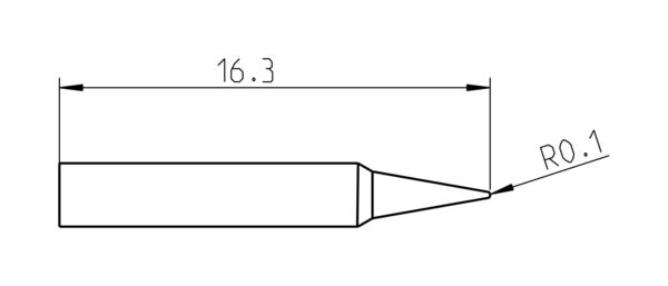 The image displays a technical drawing of an object with a length of 16.3 units and a tapered shape. At one end, there is a radius of 0.1.