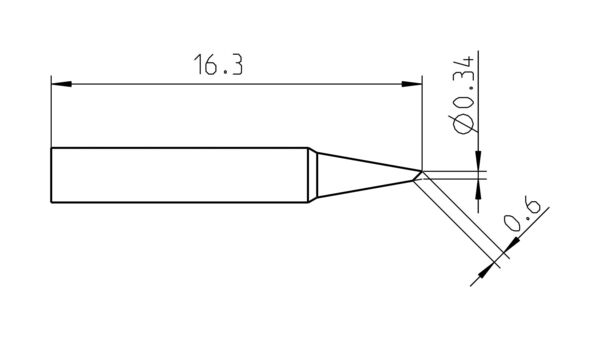 The image displays a technical drawing of an object with an elongated, tapering front end. Dimensions of 16.3 mm, 0.34 mm, and 0.6 mm are specified. The shape is precise and defined by lines.