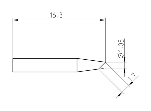 The image displays a technical drawing with dimensions. There is an elongated shape that tapers to a point at one end. Measurements are provided in millimeters.