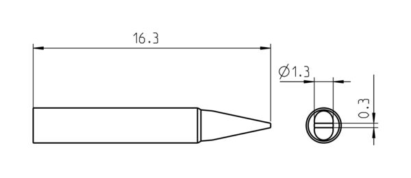 The image displays a technical drawing of a pen. It is 16.3 mm long, with a tip and a diameter of 1.3 mm. A top view shows the round opening with a depth of 0.3 mm.