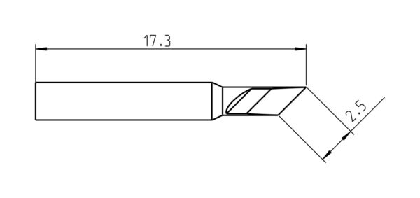 Das Bild zeigt eine technische Zeichnung eines Werkzeugs mit einem schmalen, schrägen Ende. Es sind Maße angegeben: 17,3 mm Länge und 2,5 mm Breite. Das Ende hat eine spezielle Form für präzise Anwendungen.