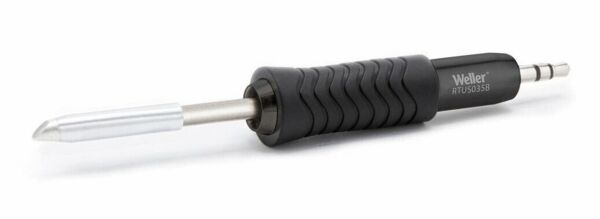 The image shows a soldering iron with a black, ribbed handle. The tip is metallic and tapered, ideal for precise soldering. The handle provides a good grip.