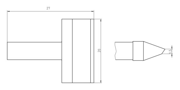 Das Bild zeigt eine technische Zeichnung eines Bauteils. Es hat eine zylindrische Form mit einem kürzeren, spitz zulaufenden Ende. Maße sind angegeben: 27 mm und 20 mm hoch.