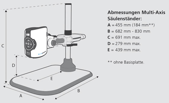 The image shows a technical draft of a Multi-Axis Column Stand with descriptions of dimensions A to E. It is a schematic representation without colors.