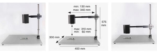 The image displays an adjustable device with a base and an arm that holds a black mount. The dimensions are listed: height up to 575 mm, arm adjustable from 130 mm to 340 mm.