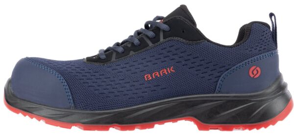 The shoe is sporty, in dark blue with black mesh upper. It has red accents, a grippy black sole, and a reinforced toe cap for extra protection.