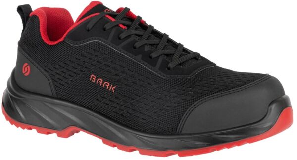 The shoe is sporty and combines black with red accents. It has a breathable upper layer, a cushioned insole, and a sturdy, non-slip sole.