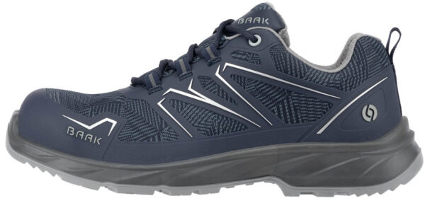 The shoe is a dark blue, lightweight sports shoe with gray accents. It features a textured upper, a grippy sole, and is lace-up. Ideal for athletic activities.