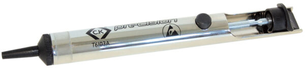 It is a silver precision pen with a black tip. The logo 