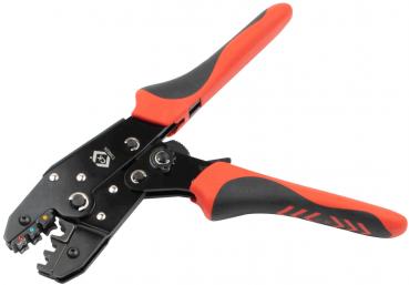 The image shows a crimping tool with red handles and a black metal body. It has various functions for stripping and crimping cables and is designed to be handy.