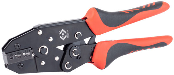 This is a crimping tool with black metal parts and ergonomic, red-black handles. It is used for crimping cables and has multiple openings for various applications.