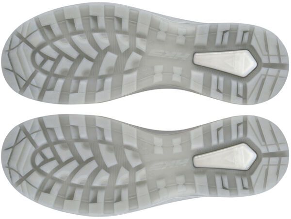 The image displays the soles of a shoe, arranged at the top and bottom. The soles feature a textured pattern with diamond-shaped and curved lines for improved grip.