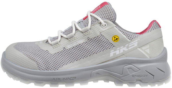 The image shows a gray sports shoe with a mesh upper for breathability. The sole is stable and has a non-slip surface. Colored accents complement the design.