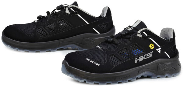 The image shows a pair of black athletic shoes. They have a lightweight, breathable upper with mesh inserts and a reinforced, non-slip sole. The laces are elastic.