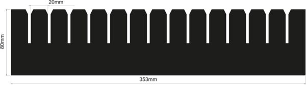 The image shows a black, rectangular object with a jagged upper edge. The dimensions are 353 mm long and 80 mm high, with jagged edges 20 mm wide.