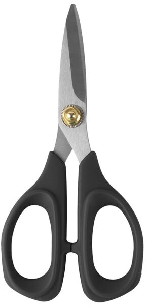 The image shows a pair of scissors with metal, sharp blades and black handles. The blades are slightly curved and meet at a central screw.