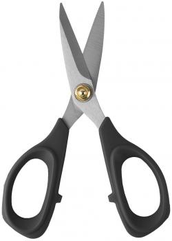 The image shows a pair of scissors with metal blades that are sharp and pointed at the top. The handle is black with two oval openings for the fingers, which are comfortable to hold.