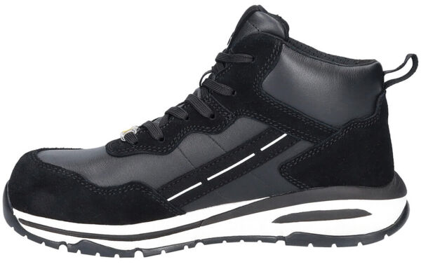 The shoe is a black, ankle-high sneaker with a mix of smooth leather and suede. It has a sturdy sole and laces, as well as white stripes on the sides.