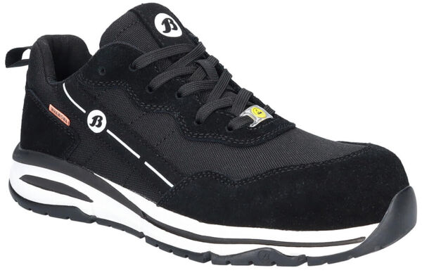 The image shows a black safety shoe. It has a sporty shape, laces, and a rubber sole with a white section. Material mix of textile and leather, combined with a yellow logo.