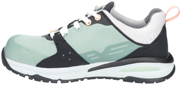 The shoe is sporty, with an upper in mint green and black accents. It has a sturdy sole, white laces, and a padded collar in gray.