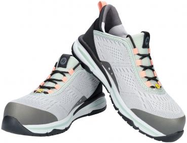 The image shows a pair of light, sporty shoes. They are in a light gray with black and pink accents. The sole is thick and provides good grip.