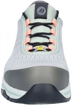 The image displays a sporty shoe in light gray with a curved shape. The laces are black with orange inserts, and the sole is sturdy and slightly arched.