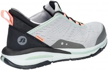 The image shows a gray sports shoe with black and mint green accents. The sole is thick and rubberized. It has a sock-like shape and a handy loop at the heel.