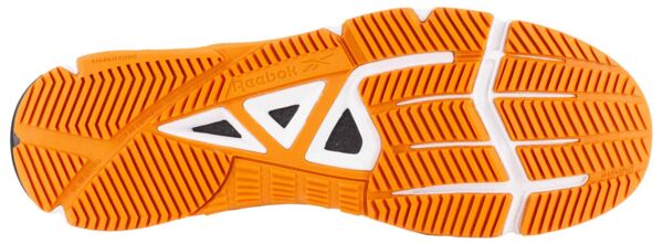 The image shows the sole of a sports shoe. It is predominantly orange with a jagged pattern. White and black elements are incorporated, which provide additional grip.