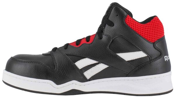 The shoe is a black basketball shoe with white stripes on the side. It has a high top and red accents on the heel with a breathable mesh material. The sole is white.