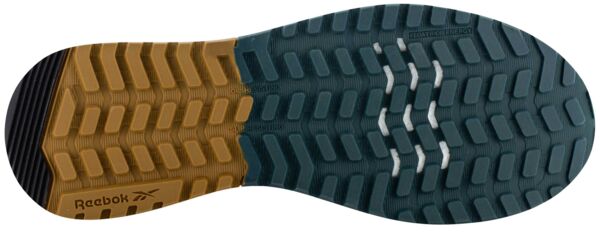 The image shows the sole of a sneaker. It is divided into three color areas: brown, blue, and green. The tread has a diamond-shaped pattern and several stripe-like cutouts.