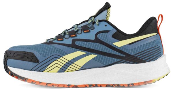 The shoe is sporty with a blue surface, yellow and black accents. The sole is white with an orange, textured underside. The laces are tight and sturdy.