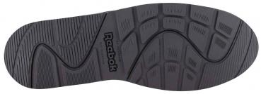 The image shows the sole of a Reebok shoe. It is made of black rubber with a wavy pattern. In the center is the logo "Reebok". The sole has a textured surface for better grip.