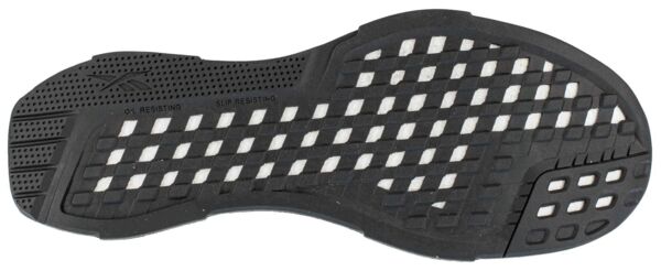 The image displays the bottom sole of a sports shoe. It is predominantly black with a textured pattern of white and black rubber threads that provide grip.