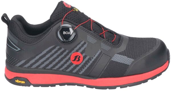 The image shows a black shoe with red accents. It has a modern design, a textured upper, and a Boa lacing system for easy fit. The sole is slip-resistant.