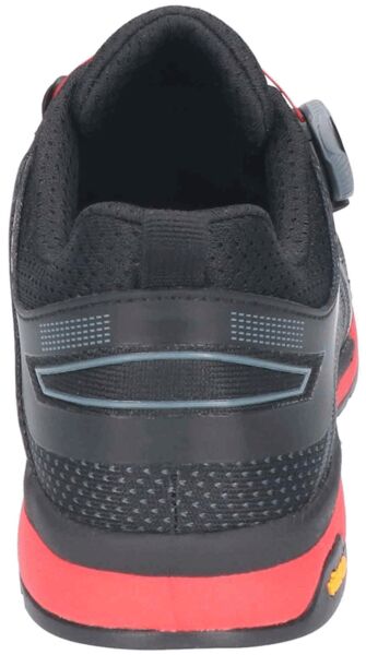 The image shows the rear view of a black sports shoe with red accents. It features a breathable upper, a padded tongue, and a grippy sole.