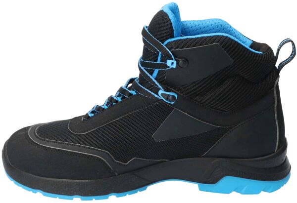 The shoe is a mid-height, black hiking boot with blue accents. It has a profiled sole and is designed for support and stability during activities.