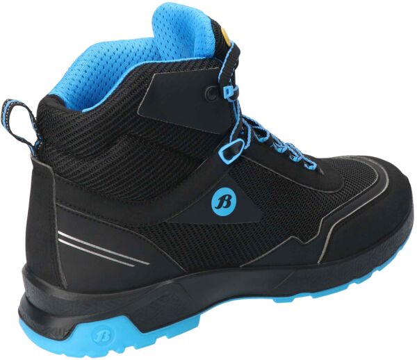 The shoe is a black, gray high-top with blue accents. It has a textured surface, a padded tongue, and reflective elements. The laces are also blue.