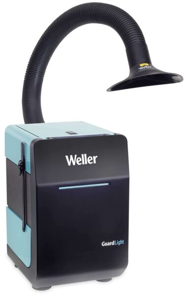 The image shows a compact device with a black casing and blue accents. It has a flexible neck that leads to a round light source, and bears the inscription 