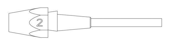 The image shows a schematic representation of a tool attachment. It has a conical shape with a broad tip and a number "2", followed by a long, narrow shaft.