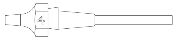 Das Bild zeigt einen spitzen, zylindrischen Gegenstand mit einem breiteren, schmalen Ansatz. Oben befindet sich die Zahl "4". Der Körper ist glatt und hat eine einheitliche Form.