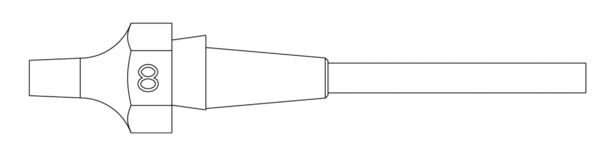 The image displays a technical drawing of an object with a wide, curvy base that tapers narrowly towards the end. On the side, the number 