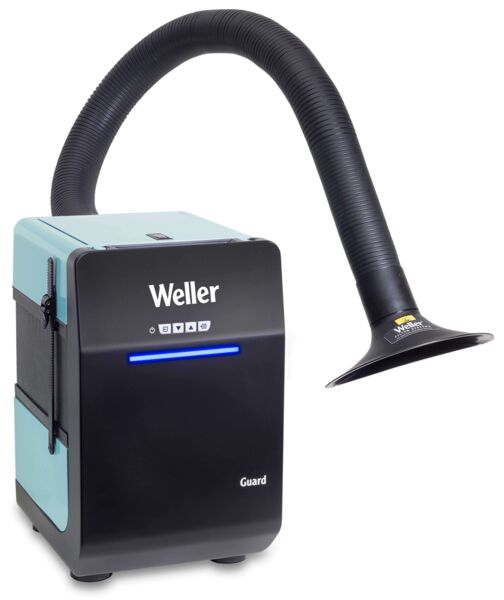 The image displays a compact, rectangular device in black and blue with a flexible, long hose that transitions into a funnel shape. It is a suction device, labeled with "Weller".