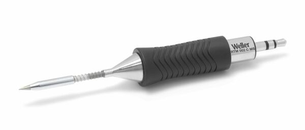 The image shows a soldering iron that is sleek and metallically shiny. The handle is ergonomic, with a textured, black rubber coating for better grip.