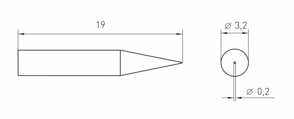 The image displays a technical drawing of a conical object: It is 19 mm in length, with a diameter of 3.2 mm at the base and 0.2 mm at the tip.